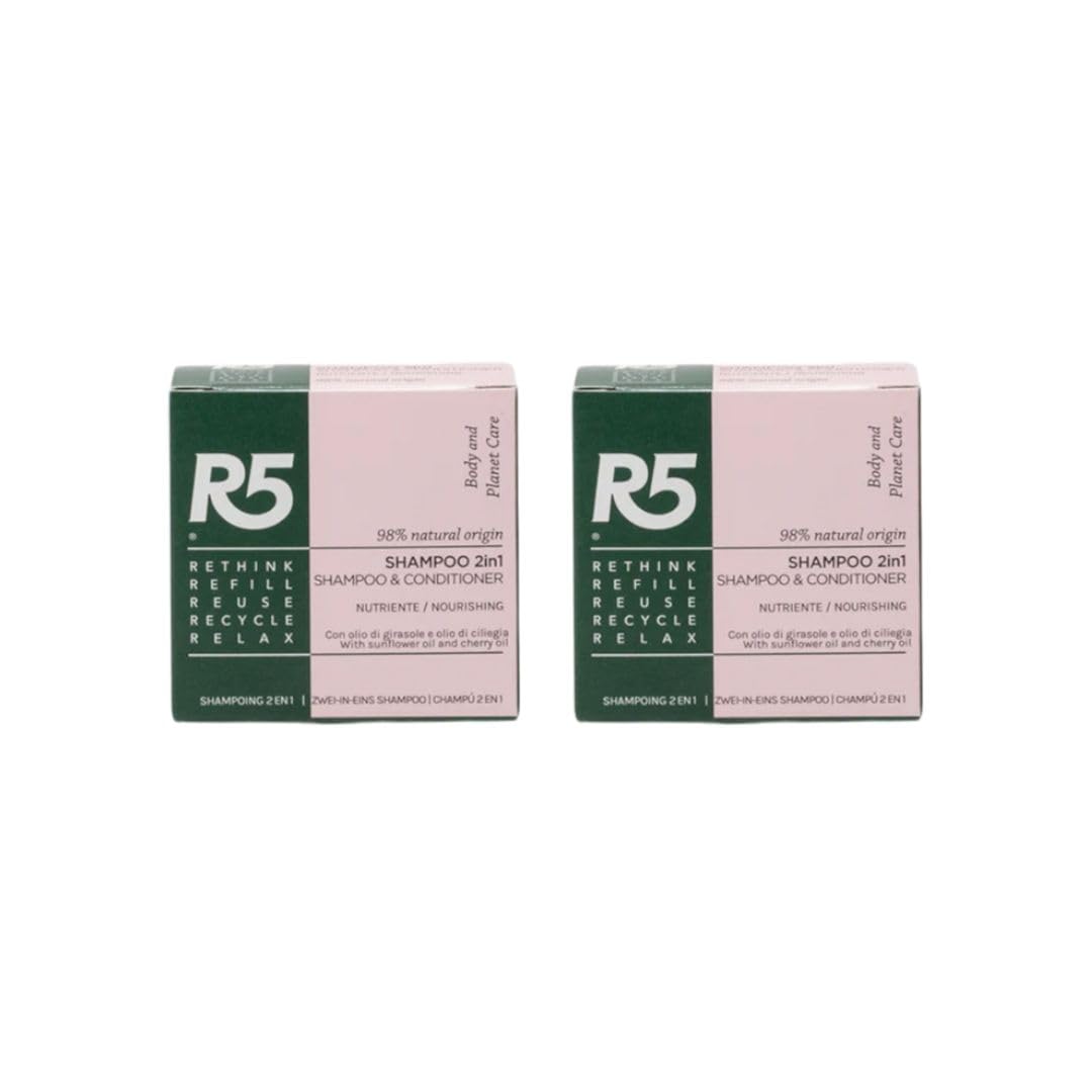 R5, Solido 2-in-1-Shampoo, 2 Stück, integrierte Spülung, 98% Inhaltsstoffe natürlichen Ursprungs, Kirsch- und Sonnenblumenöl, Blumenduft, dermatologisch und nickelgeprüft, vegan, hergestellt in