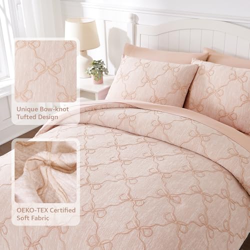 Image of Queen Comforter Set with Sheets for Girls-7 Pieces Bow Bed in A Bag | Soft Jacquard Queen Size Bedding Sets with Blush Comforter, Pillowcases & Shams, 90 inch X 90 inch