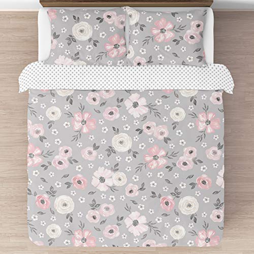 Image of Sweet Jojo Designs Grey Watercolor Floral Girl Full /Queen Bedding Comforter Set Kids Childrens Size - 3 Pieces - Blush Pink Gray and White Shabby Chic Rose Flower Polka Dot Farmhouse