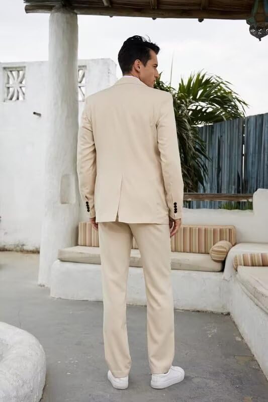 Mens Linen Suit 2 Piece Slim Fit Summer Beach Wedding Suits Casual Lightweight Linen Suit Blazer Pants Set2