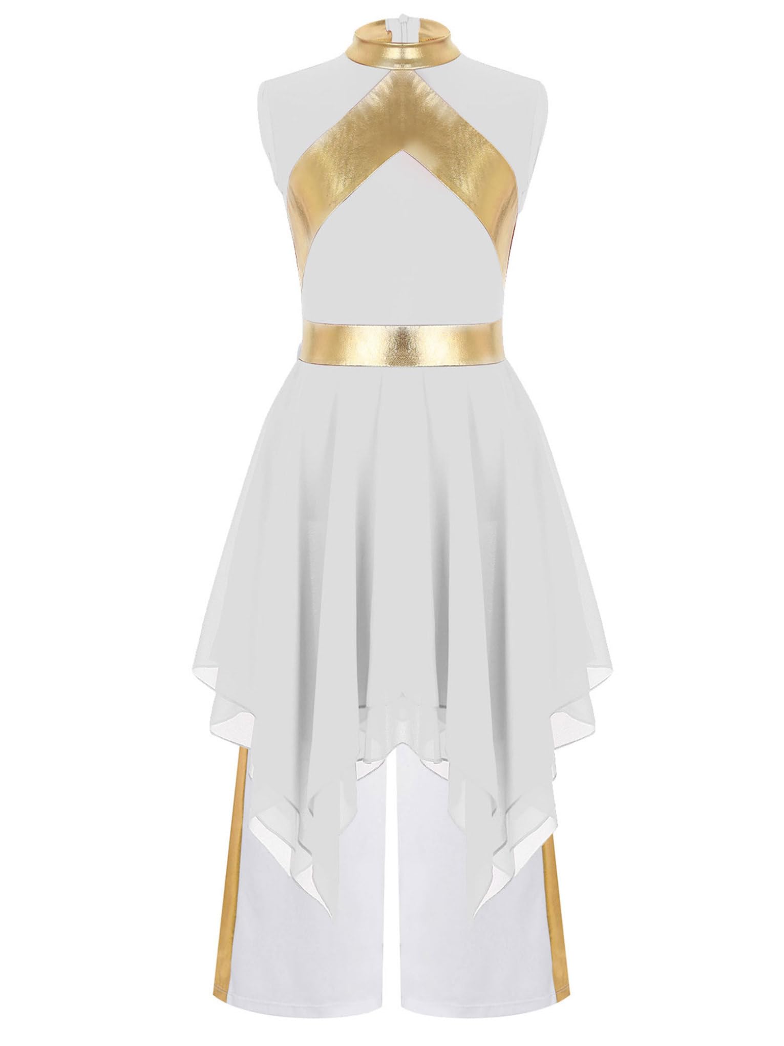 Jan Jean Girls Liturgical Praise Dance Outfit with Wide-Leg Pants Metallic Sleeveless Irregular Hem Worship Dress Costume White 8 Years