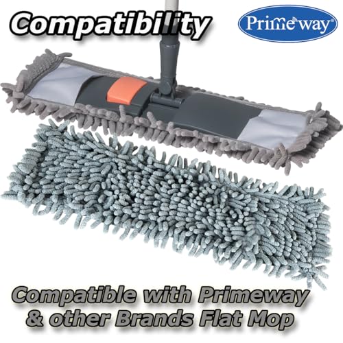 Image of Primeway Microfibre Chenille Flat Mop High Density Pads | Length 43 cm | Width 14cm | Wet & Dry | Water Absorbent | Floor Cleaning Replacement Refill | 75 grams each | Pack of 2 | Grey