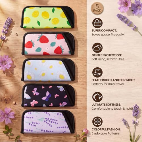 Image of 5 Pack Soft Eyeglasses Case Slim Sunglasses Pouch for Women Portable Cloth Eyewear Case Spectacle Sleeve for Girl(Fruit Floral)