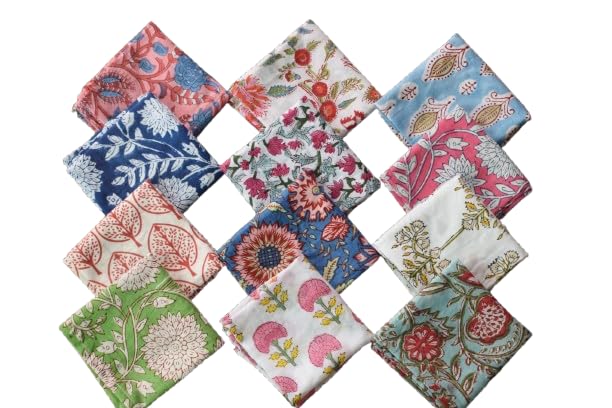 SHOPCREW Assorted 10 Pcs Cotton Napkins Set 100% Hand Block Printed Floral Bohemian Multicolor Cloth Napkins Reusable Dinner, Party & Cocktail Table Napkins – 10x10 Inches