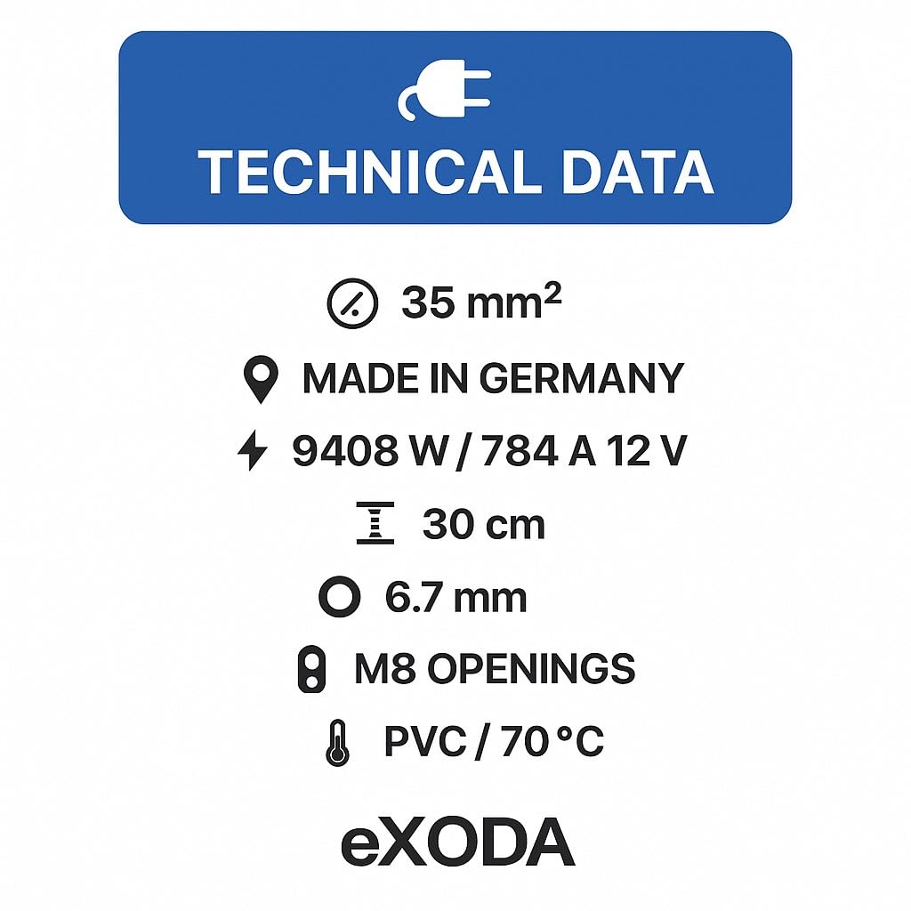 eXODA Cavo da batteria di 30cm Cavo di alimentazione da 35 mm² in rame con estremità ad anello M8