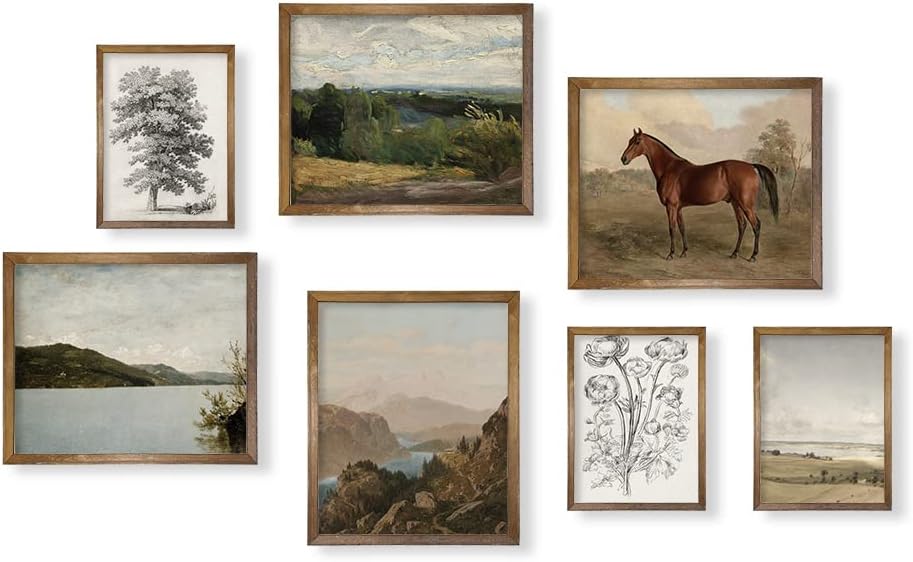 Rustic French Country Wall Art Decor 11x14 - Boho Art Deco Victoria Picture Bathroom - Modern Farmhouse Kitchen Poster Print - Aesthetic Vintage Landscape Set - Horse Lake Mountain Tree Sketch Nature