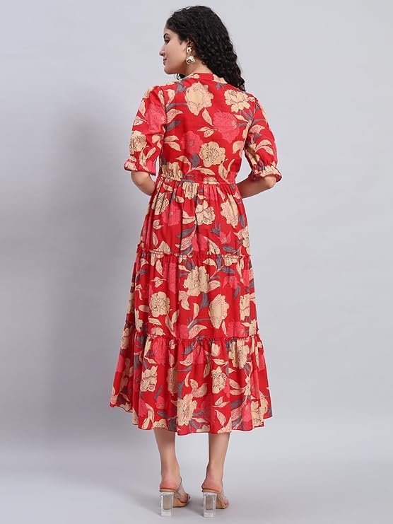 Image of PIDAVLIYA'S Women's Floral Summer Maxi Dress I Cotton Printed I One Piece Bodycon Midi Dress with V-Neck, Puffed Sleeves