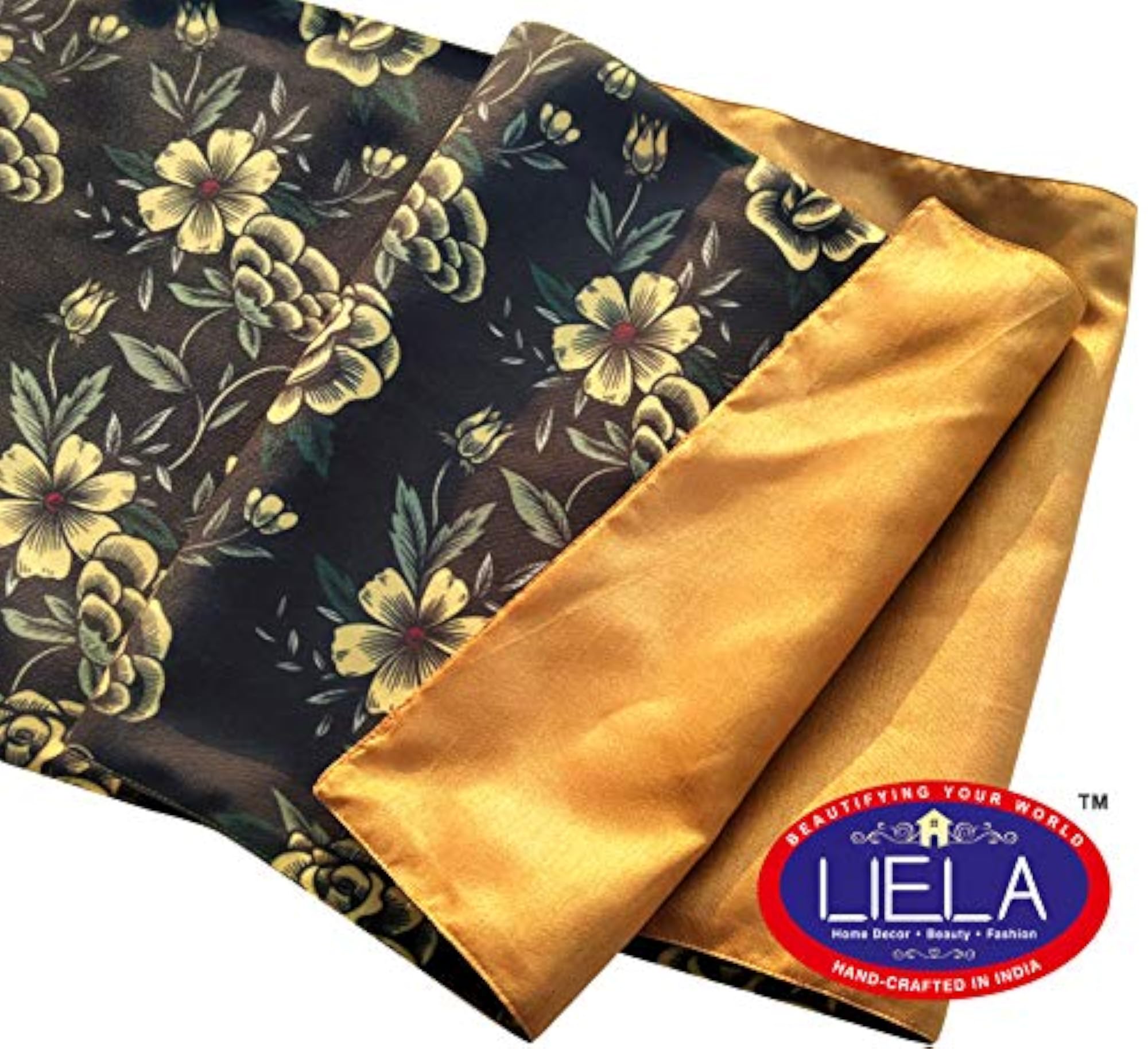 Table Runner with 4 Placemats, Black Flowers Design