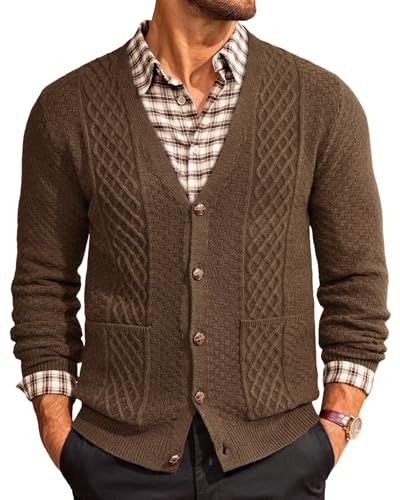 Runcati Mens Cardigan Sweater Casual V Neck Cable Knitted Cardigans Button Down Winter Chunky Sweaters with Pockets