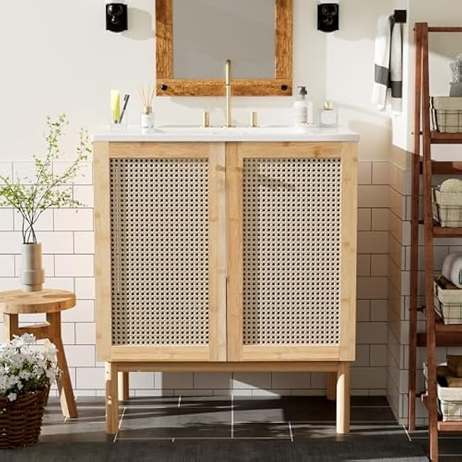 Bathroom Vanity Set, 36 Bathroom Vanity with Resin Sink Combo, Solid Wood Frame Bathroom Storage Cabinet with 5 Drawers & Soft Closing Doors, MDF Boards, Gold Metal Knobs