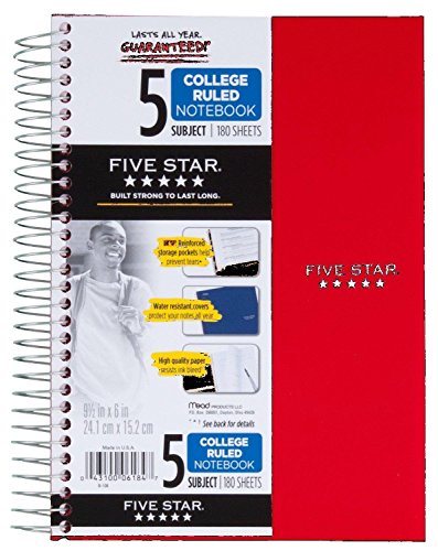 Five Star Spiral Notebook, 5 Subject, College Ruled Paper, 200 Sheets, 9-1/2" X 6" Sheet Size, Assorted Colors (06184) #TOP1
