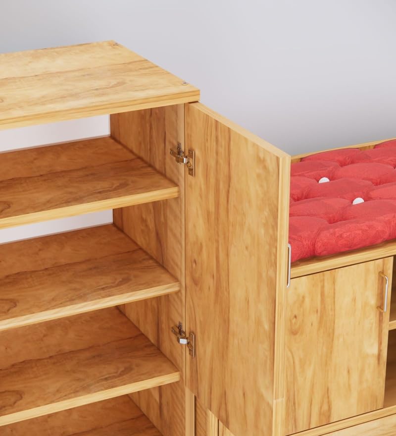 Image of SPECIALITY PANELS Wooden Shoe Rack with Storage Cabinet and Cushioned Bench, Natural Wood Finish, 2-Piece Set with Doors, DIY Assembly, 135x75 cm