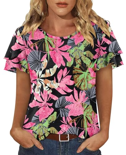 CRAZY GRID Women's Shirts Summer Casual Crewneck Ruffle Short Sleeve Blouses Cute Floral Print Tunic Tops