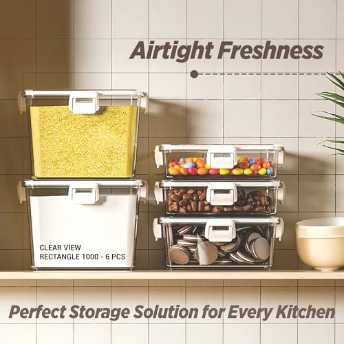 Image of MILTON Clear View 1000 Rectangle,Airtight Food Grade Modular Plastic Container,BPA Free,Stackable,Transparent, 4 side Double Locks,Recyclable,Freezer Safe,Ideal for Cereals,Pulses,Snacks,Cookies
