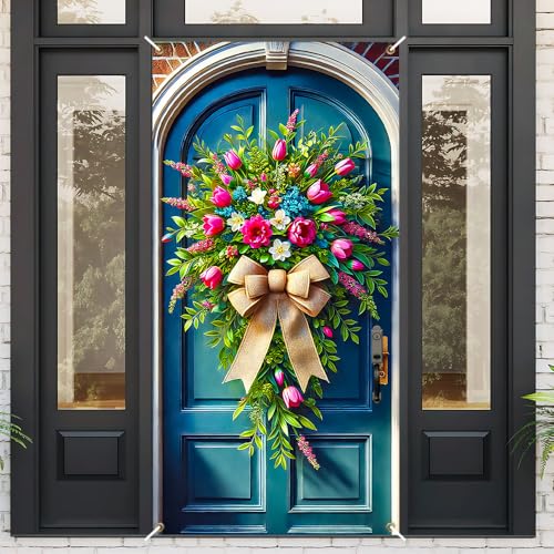 Image of Spring Tulip Bouquet Door Cover 35x71in Hydrangea Bow