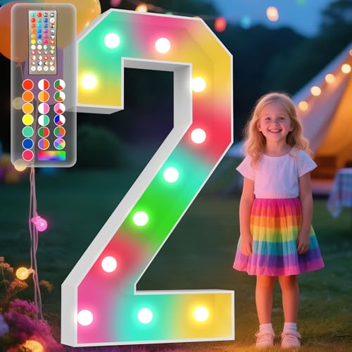 Image of Ledido 4FT Colorful Marquee Light Up Number 2 for Birthday | 34 Colors Changing Marquee Numbers 4 Feet Tall with Remote, Big 2nd Birthday Number for Anniversary Graduation Party Decors