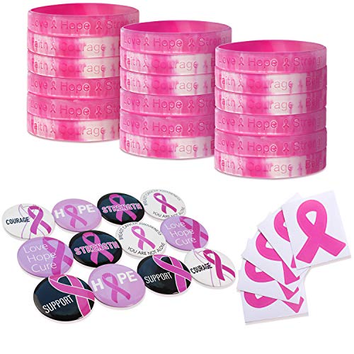 96 Pcs Breast Cancer Awareness Survivor and Charity Giveaways Favor Pack Include 24 Pink Ribbon Round Pin Buttons in 6 Designs, 24 Pink Ribbon Camouflage Bracelets, 48 Die Cut Pink Ribbon Stickers