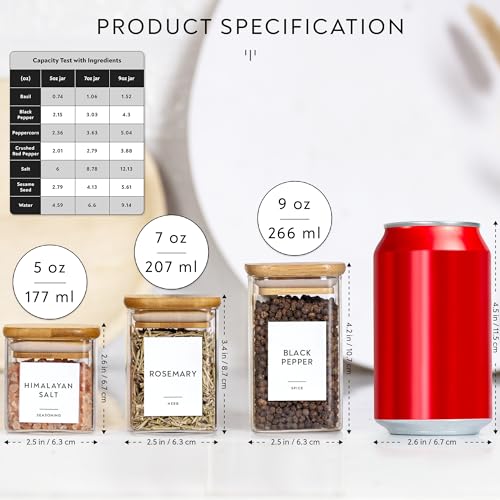 Image of TIENER Glass Jars Set, Square Spice Jars With Bamboo Lids And Customized Labels, 8Oz 12 Piece Small Food Storage Containers For Home Kitchen, Spice, Herbs, Seasoning, Seed, Tea, Sugar, Salt,Clear