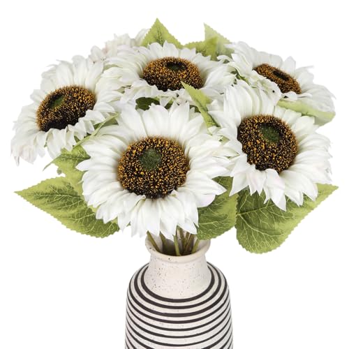 IPOPU Artificial Sunflowers 20" Sunflowers Artificial Flowers 8PCS Long Stem Sunflowers with Leaves Large Silk Fake Sunflowers Decoration for Outdoor Home Party Wedding DIY Decor(White)