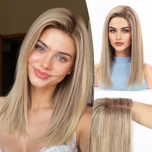 Image of KKU 100% Human Hair Wig, Lace Front Wigs Human Hair Side Part,Light Brown Mixed Blonde Wig Human Hair, Real Human Hair Wigs for Women(16Inch)