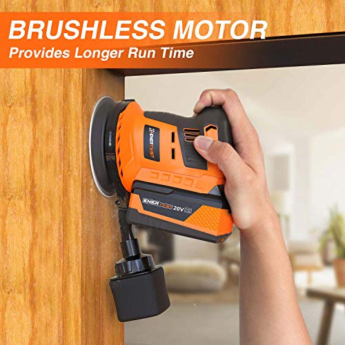 Enertwist Cordless Orbital Sander, 20V Max 5-Inch Brushless Random Orbit Sander with 4.0Ah Lithium-ion Battery and Charger, Including Dust Bag and 9-Pieces Hook-and-Loop Sanding Pads, ET-OS-20BL