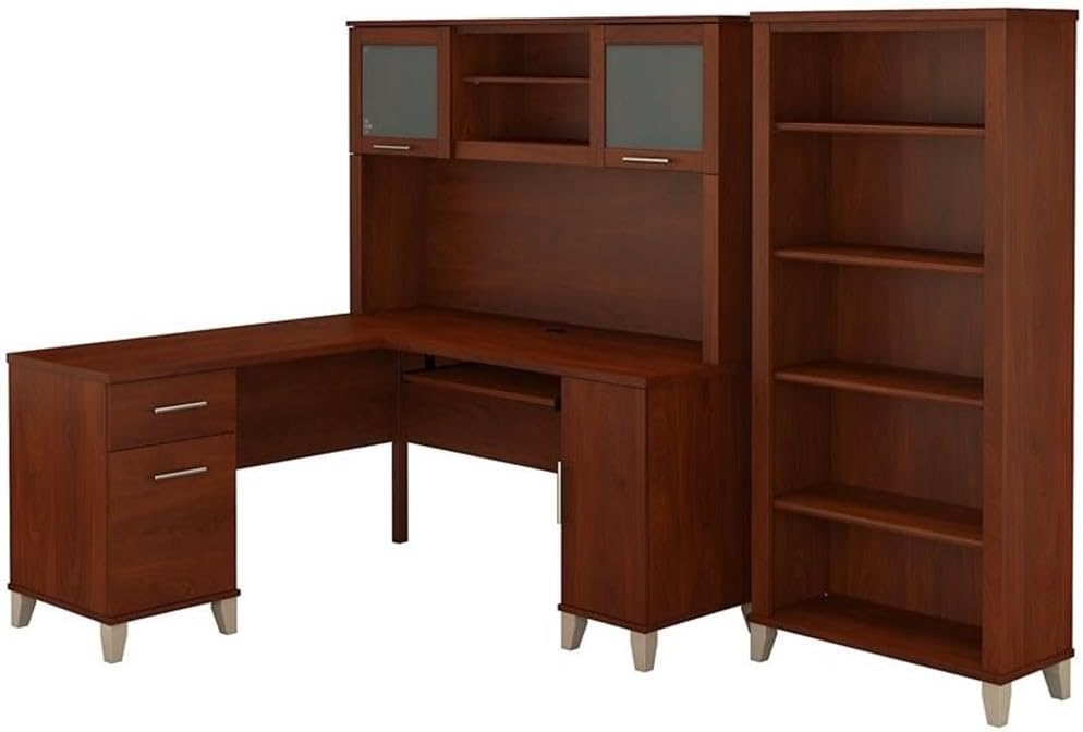 Scranton & Co Furniture Somerset 60W L Shaped Desk with Hutch and 5 Shelf Bookcase, Cherry Finish, Pull-Out Keyboard Tray, Adjustable Shelves, Office Storage Set for Home or Small Office Use