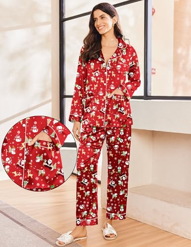 Image of Ekouaer Pajamas for Women Silk Satin Button Down Long Sleeve Pajama Sets
