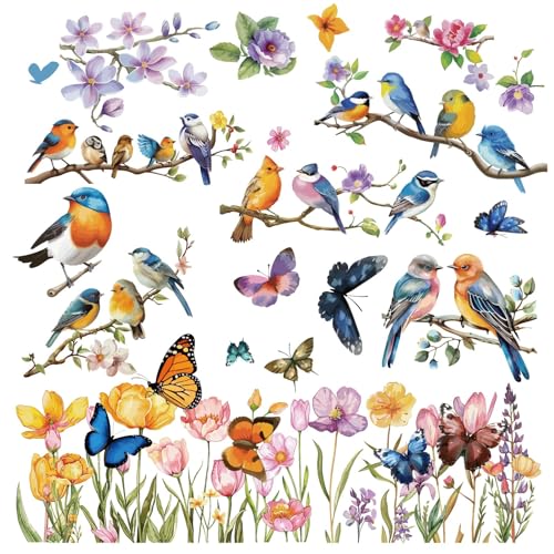 craspire 8 Feuille D'Autocollants Muraux Oiseaux Fleurs et Papillons en PVC Imperméables Amovibles...