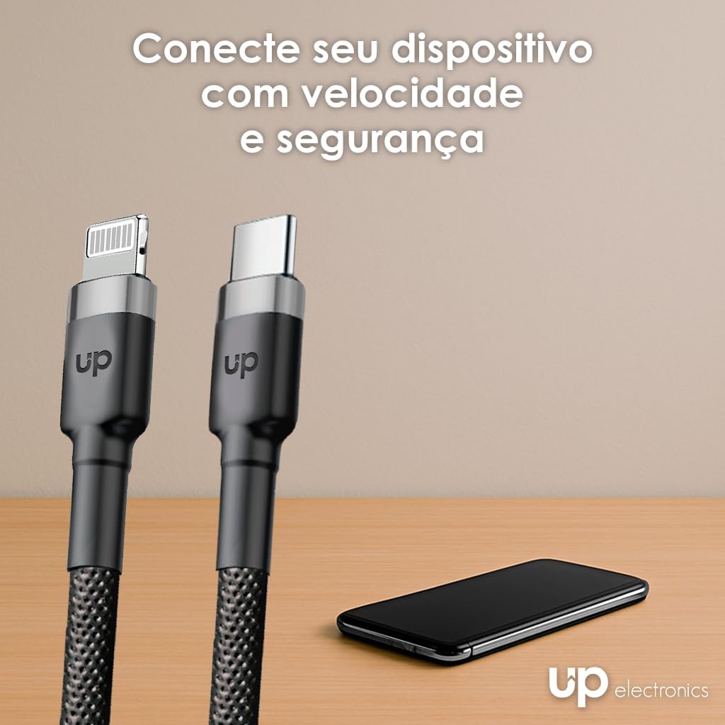 Cabo Lightning/USB-C - UP Electronics, Carregamento Rápido, Acabamento Premium e Transferência de Dados – Preto