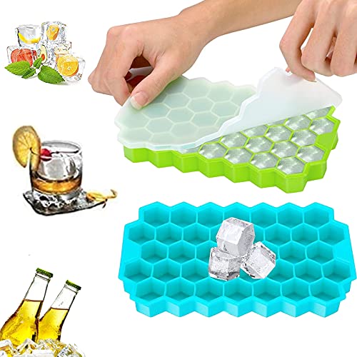 Bac à Glaçons en Silicone, Acxilexy Bac a Glacons avec Couvercle, sans BPA, 2Pcs 37 Moule à Glaçons Réutilisables Lave-Vaisselle pour Cocktails whisky et Boissons Fraîches Cover