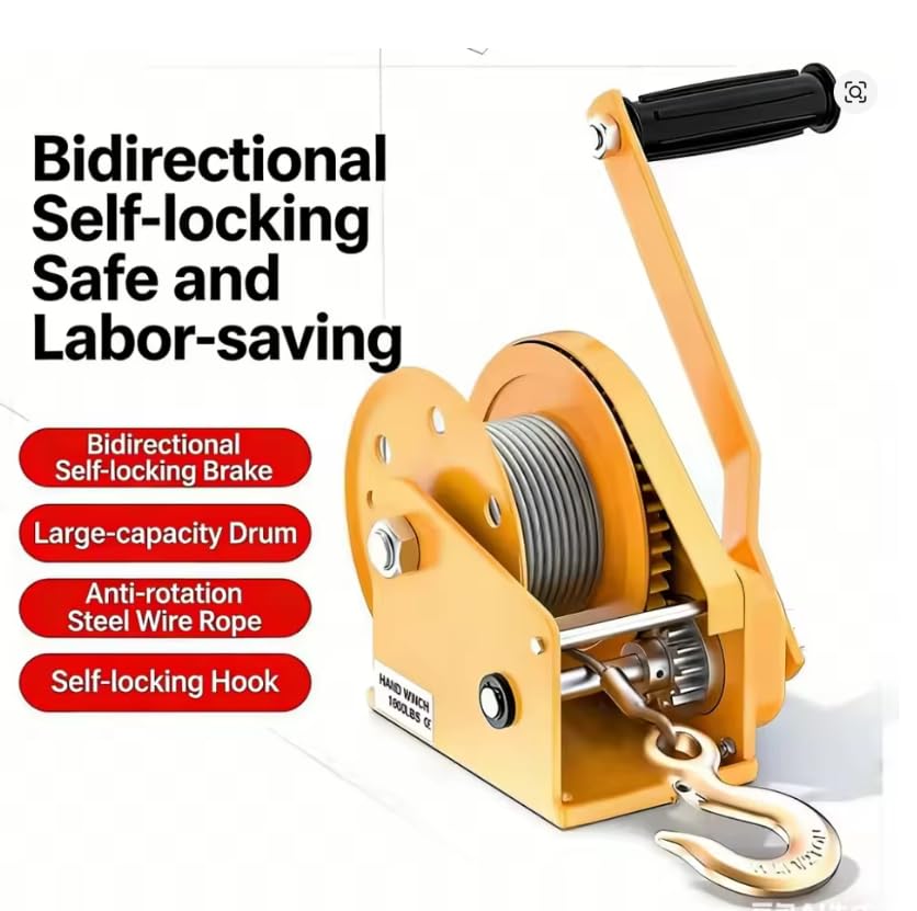 Image of Heavy Duty Brake Winch /Hand Winch /Hand Operated Brake Winch Multifunction Towing Winch for Garages and ATV, Bidirectional Self-Locking Device (1800Lb(820kg))