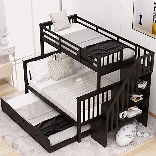 Rockjame Bunk Bed With Trundle, Wood Bedroom Furniture Twin Over Full Bunk Bed Frame With Stairway, Storage And Safety Guard Rail, Convertible To Separate 2 Beds (Espresso) #TOP2