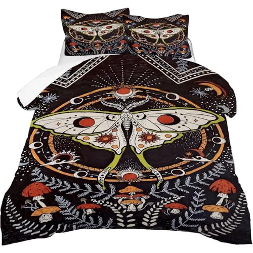 Image of Black Gothic Moth Comforter Set Full Size Boho Dead Moon Bedding Sets for Girls Boys Kids Adults Bedroom Decor Vintage Mushroom Quilt 1 Comforter 2 Pillowcases