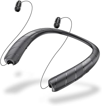 Retractable Neckband Bluetooth Headphones, 48H Playtime Wireless Earbuds, Bluetooth 5.0, Built-in Speaker & IPX5 Waterproof, Auto-Coil Cord, Ultra-Light Comfortable Fit, Black