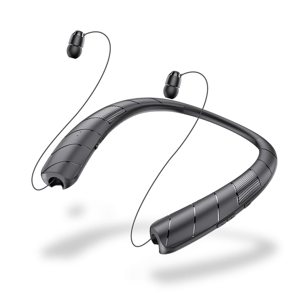 Photo 1 of ForFuego Retractable Neckband Bluetooth Headphones, 48H Playtime Wireless Earbuds, Bluetooth 5.0, Built-in Speaker & IPX5 Waterproof, Auto-Coil Cord, Ultra-Light Comfortable Fit, Black