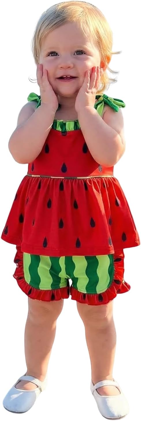 Toddler Baby Girl Watermelon Outfit Tie Shoulder Babydoll Tops and Ruffle Shorts 2 Piece Summer Set