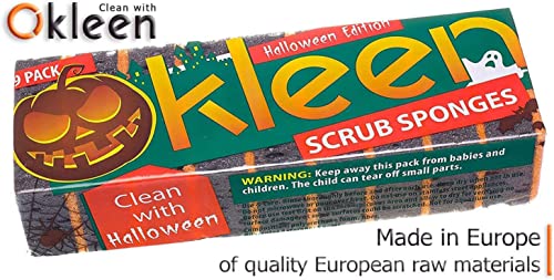 Image of Black & Orange Multi Use Scrub Sponges. Made in Europe. 18 Pack, 4.3x2.8x1.4 inches. Heavy Duty and Non Scratch Fiber. Odorless Durable and Delicate Halloween Holiday Sponges