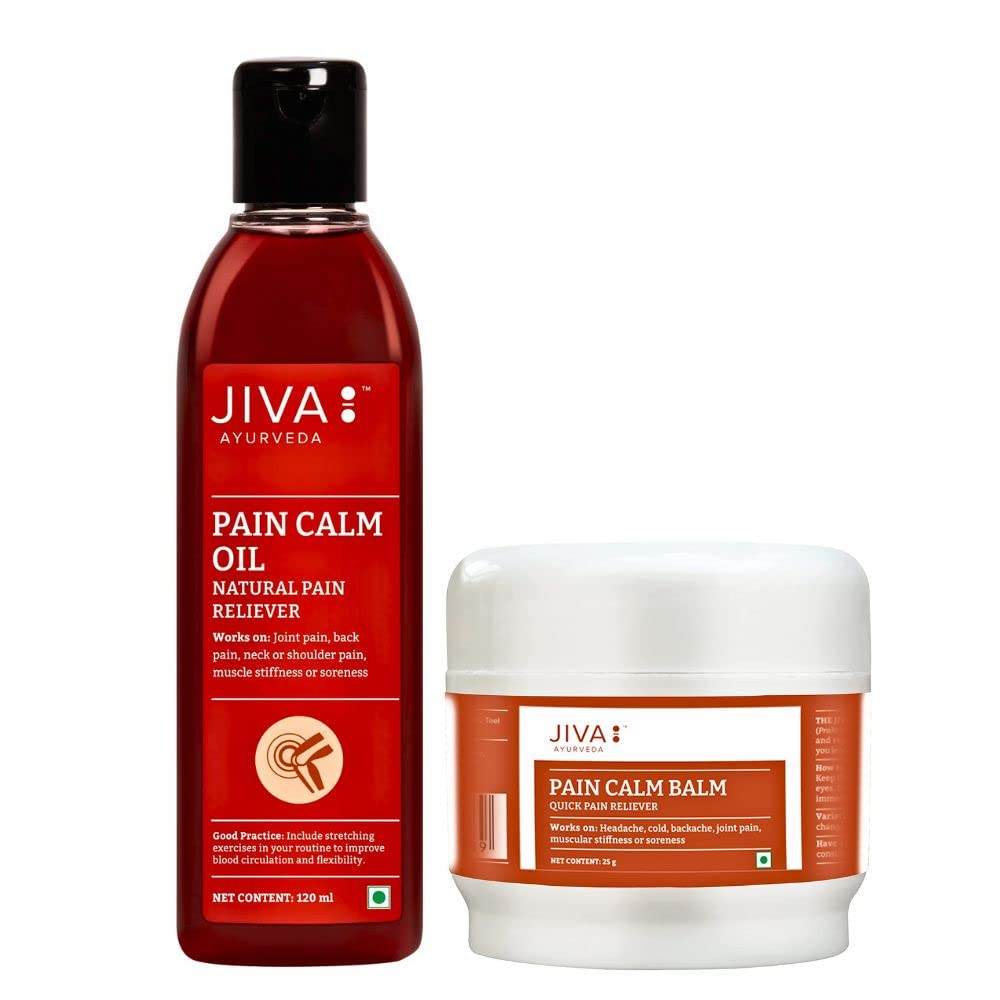 Jiva Combo Of Pain Calm Oil 120 ml & Balm 25 gm | 100% Ayurvedic | Relieve Musculoskeletal Pain, Headache & Backache (Pack Of 2)