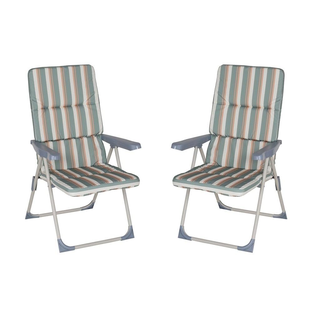 MONTY Set de 2 Sillones de Jardín Acolchado y Reclinable en 4 Posiciones Verde Multicolor. Estructura de Tubo de Acero anticorrosión y Lona a Rayas. Colchón de 5 cm de Grosor, Plegable. 61x58x106 cm.