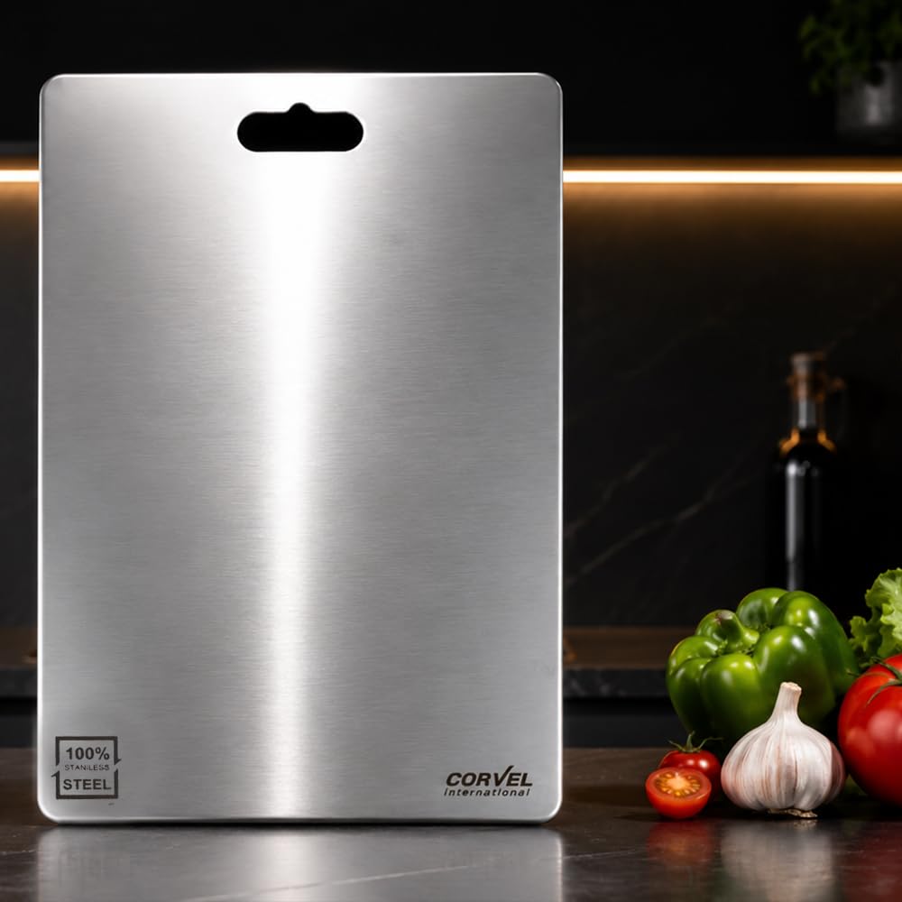 Corvel Premium Stainless Steel Chopping Board (31cm x 21cm) | 5 Years Warranty | Cutting Vegetables, Fruits, Breads & Meat | Durable, Heavy Duty (S)-image-20