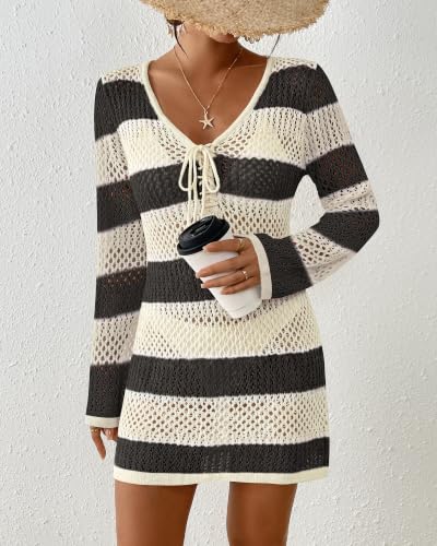 Image of Bsubseach Women Swimsuit Crochet Coverup Long Sleeve V Neck Beach Dress