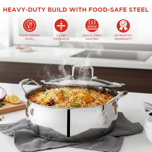 Image of Vinod Platinum Chef's Lagan Pot 28 cm - 7 Litre | Triply Stainless Steel Biryani Pot Heavy Bottom | Shallow Lagan Handi for Cooking Biryani | Healthy Triply Cookware, Induction Friendly, with Lid