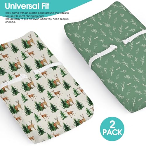 Image of BROLEX Changing Pad Covers for Baby: Boy Girls Ultra Stretchy Soft 2 Pack,Sika Deer Foliage