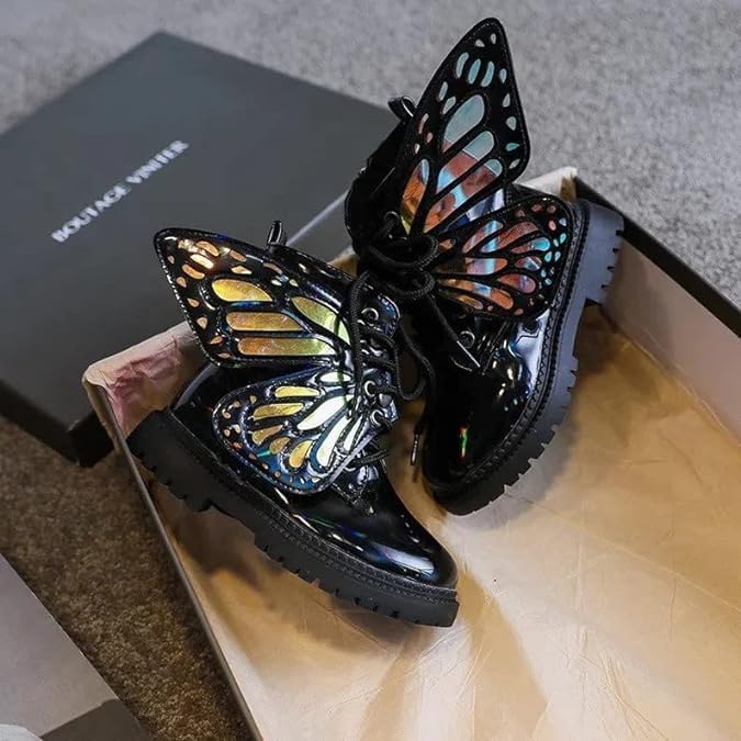 Girls Butterfly Leather Boots | Winter, Non-slip, Casual Booties | Detachable Wings, Colorful, Chic Black Boots4