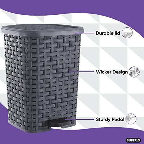 Image of Superio Mini Trash Can with Foot Pedal Small Outdoor Garbage Can with Lid, 3 Gallon Plastic Waste Basket for Bathroom, Bedroom, Kitchen, Office, Patio (Wicker Grey 12 QT.)