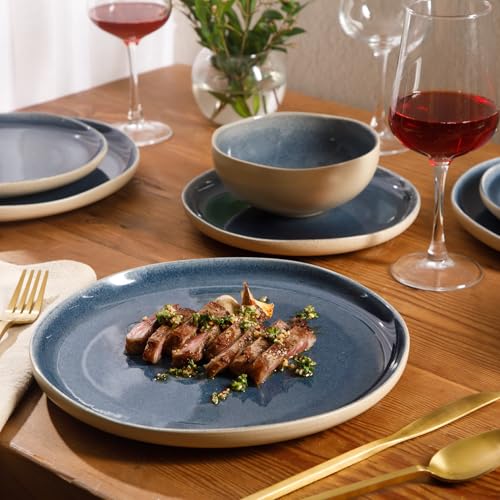 Image of Gibson Elite Manila Bay 12-Piece Stoneware Dinnerware Set, Service for 4, Reactive Glaze Modern Artisan Plates, Bowls & Mugs, Blue, Round Design