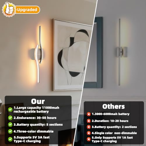 Image of Battery Operated Wall Sconce, Brushed Nickel USB Rechargeable Wireless Sconces set of 2, LED Dimming Wall Lamp 3 Color /Timer /Memory, Silve 23.6 Inch Wall Lights for Bedroom Living Room Hallway
