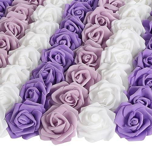 INSUNSIX 100pcs Purple Artificial Rose Flower Heads, 3inch Violet Foam Roses Bulk Stemless Fake Flower Heads for DIY Crafts,Cake Decoration Wedding,Baby Shower Flower Centerpieces(Shades of Purple)