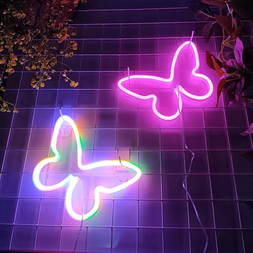 Image of JYWJ Butterfly Neon Sign,USB or 3-AA Battery Powered Neon Light,LED Table Decoration,Bedroom Wall Decoration,Birthday Gift,Wedding Supplies Business Gift(Color)