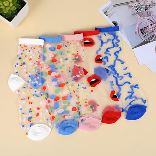 Ouligay 5 Pairs Sheer Socks Women Ankle,Ransparent Thin Mesh Lace Socks Women,Acrylic Color Spots Womens Trouser Sock,Transparent Mesh Sock for Girl(Multiple Styles) 7